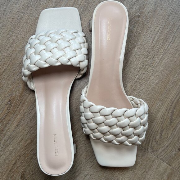 Cream Plaited Strap Low Block Flare Heel Mules - Picture 3 of 11